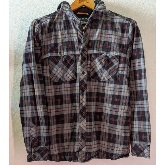 Empyre Men's Hooded Plaid Shirt Size S Small Gray Red (A10m) - Picture 1 of 3
